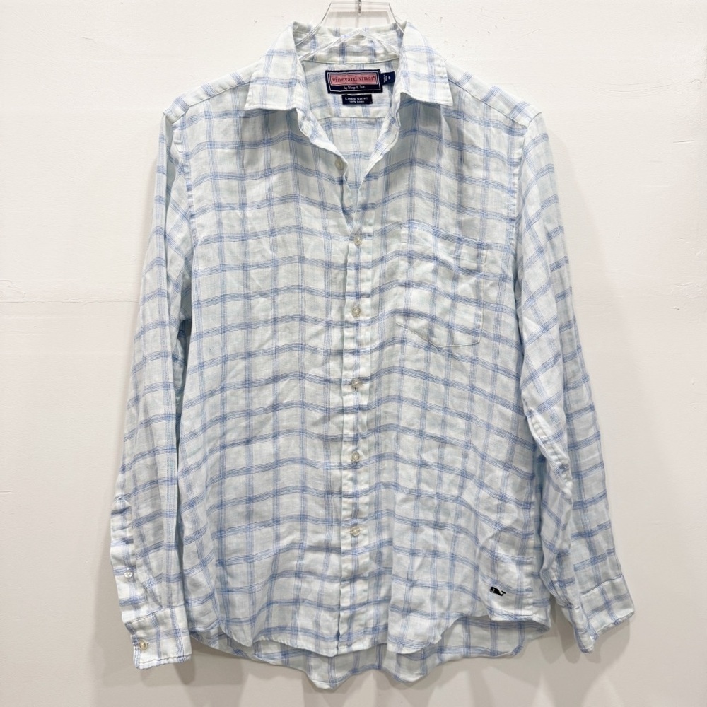 Vineyard Vines Long Sleeve Linen Shirt Blue White Plaid Small